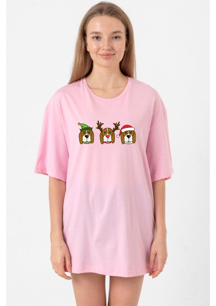 3 Wise Beagles Christmas Pembe Kadın Oversize Tshirt