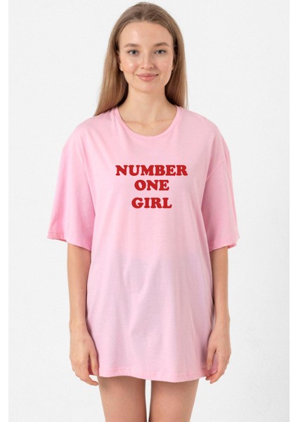 Rose Number One Girl Pembe Kadın Oversize Tshirt