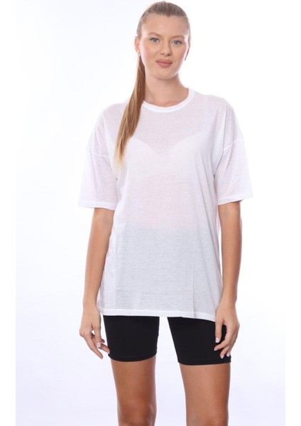 Kadın Iç Gösteren Transparan Penye Pamuk Beyaz Bisiklet Yaka Oversize T-Shirt fiyatları