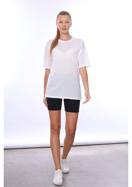 Kadın Iç Gösteren Transparan Penye Pamuk Beyaz Bisiklet Yaka Oversize T-Shirt fırsatları