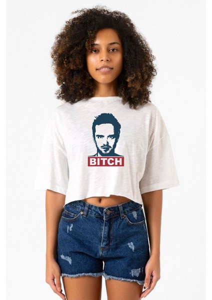 Breaking Bad Jesse Pinkman Bitch Beyaz Kırçıllı Kadın Crop Tshirt