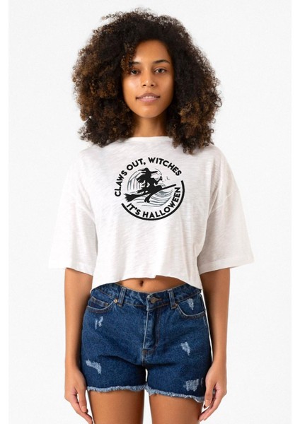 Claws Out Witches Its Halloween Beyaz Kırçıllı Kadın Crop Tshirt