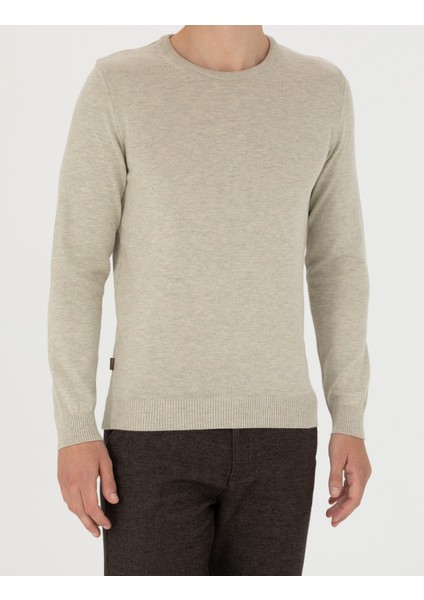 Erkek Kum Melanj Slim Fit Bisiklet Yaka Basic Triko Kazak 50270179-VR123