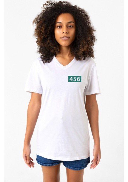 Squid Game Player 456 Beyaz Kadın V Yaka Tshirt