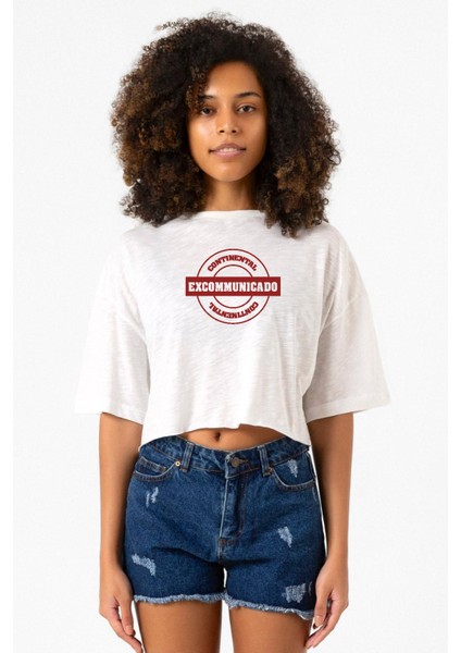 John Wick Continental Excommunicado Beyaz Kırçıllı Kadın Crop Tshirt