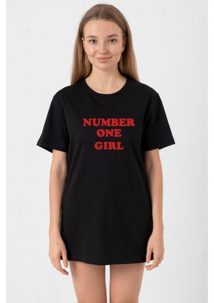 Rose Number One Girl Siyah Kadın Oversize Tshirt