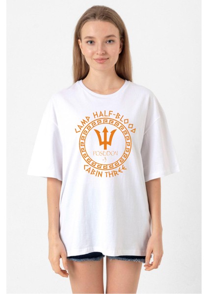 Camp Half Blood Poseidon Beyaz Kadın Oversize Tshirt
