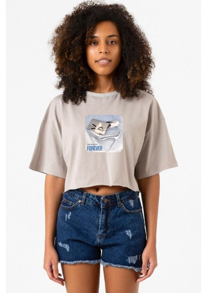 Babymonster Forever Taş Rengi Kadın Crop Kapşonlu