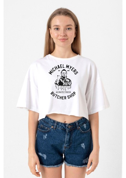 Michael Myers Butcher Shop Beyaz Kadın Crop Tshirt
