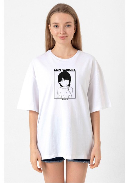 Serial Experiments Anime Lain Poster Beyaz Kadın Oversize Tshirt