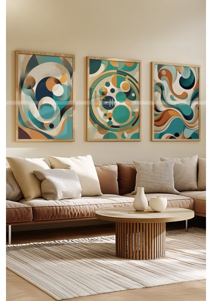 Geometrik Soyut 3'lü Ahşap Çerçeveli Tablo Seti - 21 x 30