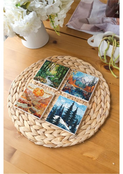 Atölye Mozaik Doğa Desenli Bardak Altlığı 4’lü Set Doğal Taş (10X10 Cm)