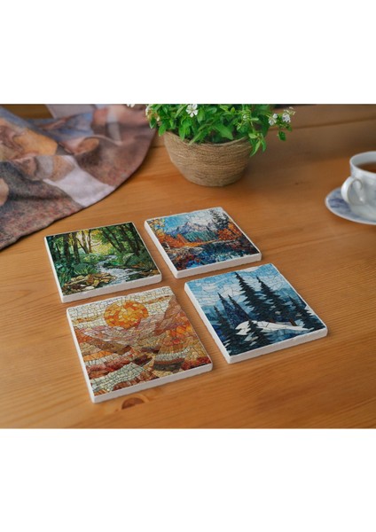 Atölye Mozaik Doğa Desenli Bardak Altlığı 4’lü Set Doğal Taş (10X10 Cm) modelleri