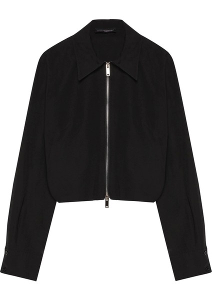 Fermuar Detaylı Siyah Gömlek