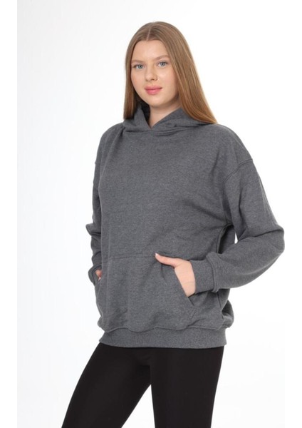 Pamuk Kadın Füme Antrasit Melanj Basic 3 Iplik Oversize Kapüşonlu Kangru Cepli Sweatshirt