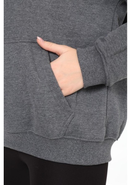 Pamuk Kadın Füme Antrasit Melanj Basic 3 Iplik Oversize Kapüşonlu Kangru Cepli Sweatshirt modelleri