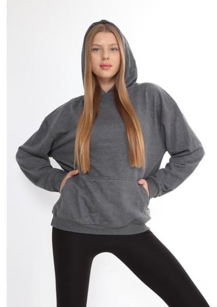 Pamuk Kadın Füme Antrasit Melanj Basic 3 Iplik Oversize Kapüşonlu Kangru Cepli Sweatshirt indirimleri