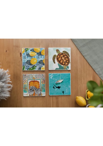 Atölye Doğadan Ilham Alan Desenli Bardak Altlığı 4’lü Set Doğal Taş (10X10 Cm)
