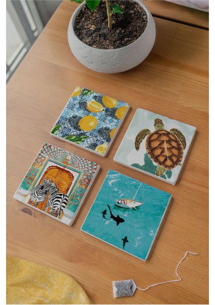 Atölye Doğadan Ilham Alan Desenli Bardak Altlığı 4’lü Set Doğal Taş (10X10 Cm) fiyatları