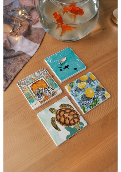 Atölye Doğadan Ilham Alan Desenli Bardak Altlığı 4’lü Set Doğal Taş (10X10 Cm) modelleri