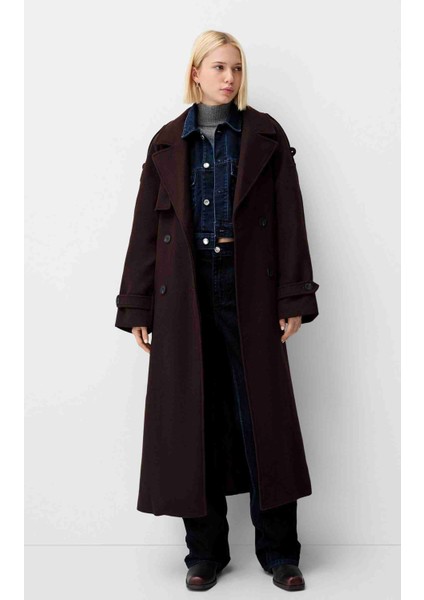 Allbucks Bershka, Bordo Oversize Kaşe Trençkot Kaban ABBRS1009