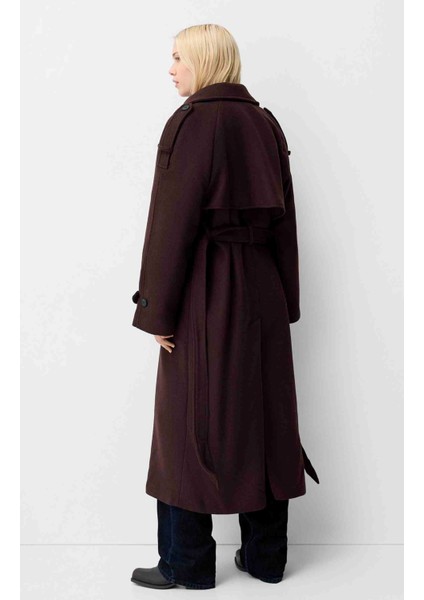 Allbucks Bershka, Bordo Oversize Kaşe Trençkot Kaban ABBRS1009