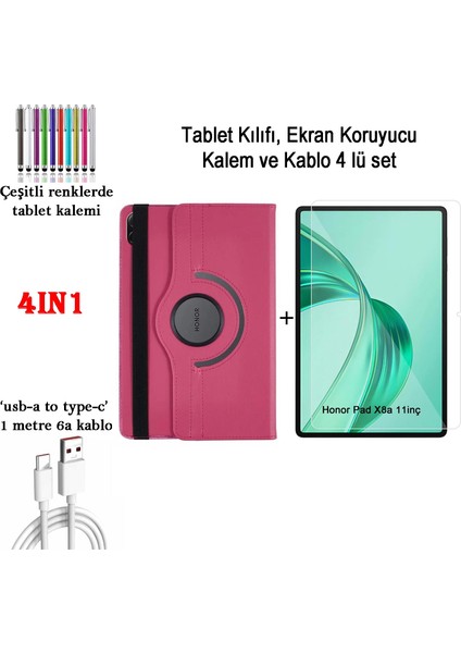 Honor Pad X8A (11'' 2024) Uyumlu 360° Dönebilen Standlı Suni Deri Kılıf+Ekran Koruyucu+Kalem+Kablo