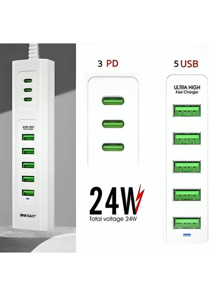 Onesam U04 24W Ultra Hızlı Masa Üstü Şarj Adaptörü 5 USB + 3 Type-C
