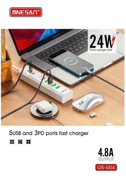 Onesam U04 24W Ultra Hızlı Masa Üstü Şarj Adaptörü 5 USB + 3 Type-C