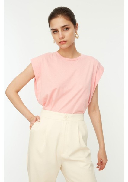 Pembe %100 Pamuk Vatka Görünümlü Basic Bisiklet Yaka Örme T-Shirt modelleri