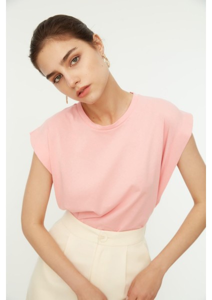 Pembe %100 Pamuk Vatka Görünümlü Basic Bisiklet Yaka Örme T-Shirt fırsatları