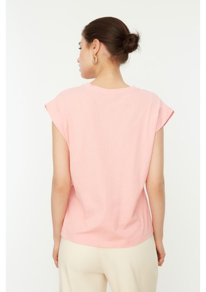 Pembe %100 Pamuk Vatka Görünümlü Basic Bisiklet Yaka Örme T-Shirt indirimleri