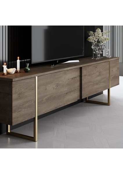 Luxe Gold Metal Ayaklı Ceviz Tv Sehpası modelleri