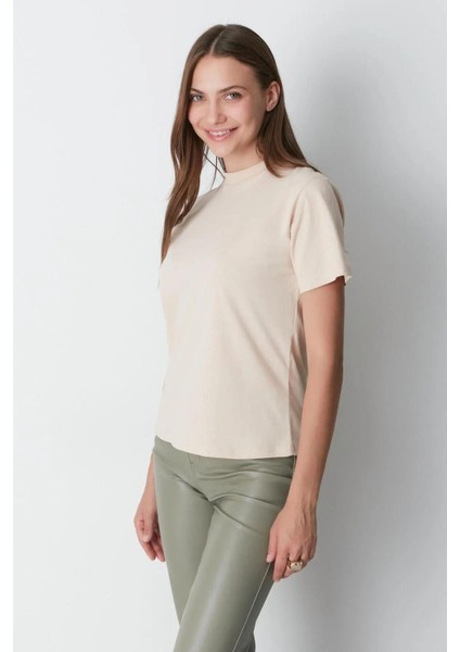 %100 Organik Pamuk Kadın Bej Basic Ribana'lı Dik Yaka Örme T-Shirt Yarım Balıkçı fiyatları