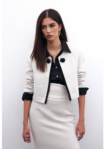 Boncuk Aksesuarlı Kısa Ceket - Taş