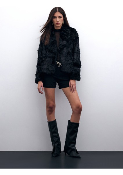 Yakalı Peluş Ceket - Siyah