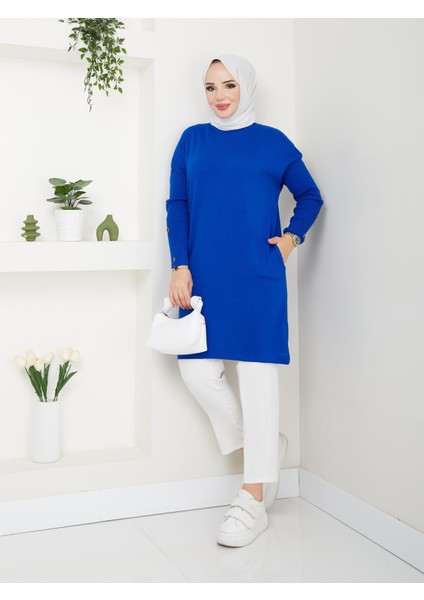 Uzun Düğmeli Triko Tunik - Saks Mavi 2129