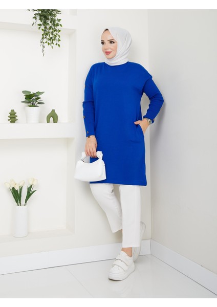 Uzun Düğmeli Triko Tunik - Saks Mavi 2129