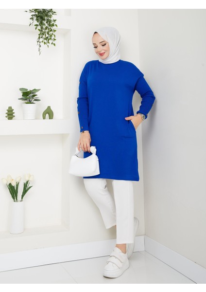 Uzun Düğmeli Triko Tunik - Saks Mavi 2129