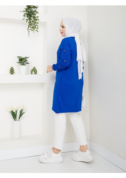 Uzun Düğmeli Triko Tunik - Saks Mavi 2129