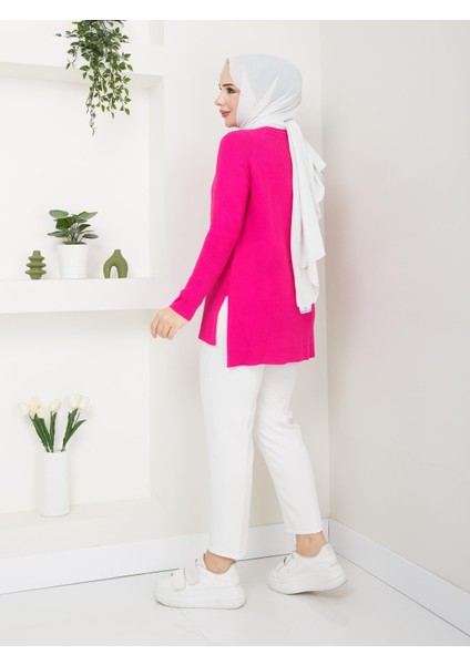 Fitilli Battal Boy Triko Tunik Fuşya 2124-1