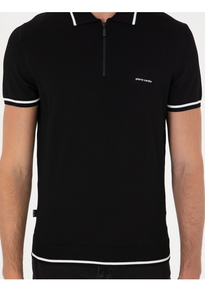 Erkek Siyah Slim Fit Fermuarlı Polo Yaka Yün Karışımlı Triko Tişört 50296436-VR046