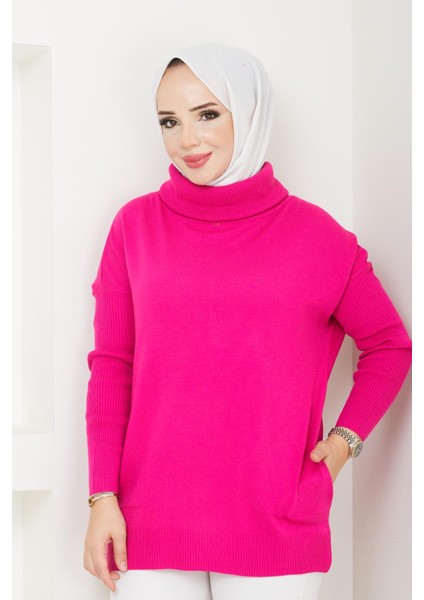 Degaje Yaka Yandan Cepli Triko Bluz - Fuşya - 2119