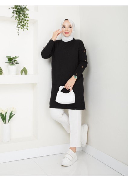 Uzun Düğmeli Triko Tunik - Siyah 2129