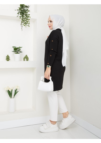 Uzun Düğmeli Triko Tunik - Siyah 2129