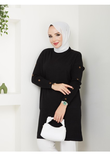 Uzun Düğmeli Triko Tunik - Siyah 2129