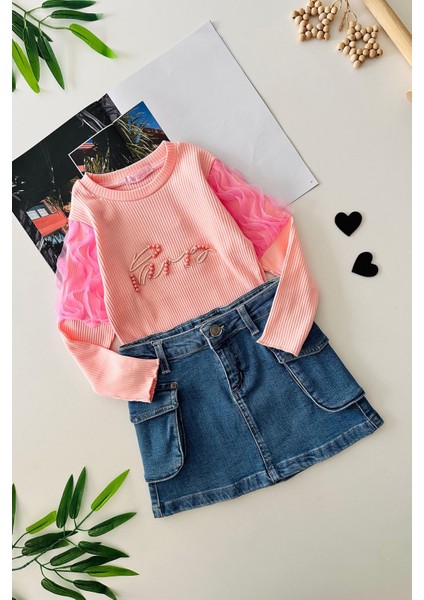 Kol Tül Detaylı Taşlı Kız Çocuk Kot Etekli 2 li takım - Pembe