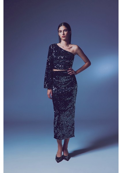 Kadife Payetli Midi Etek - Gümüş