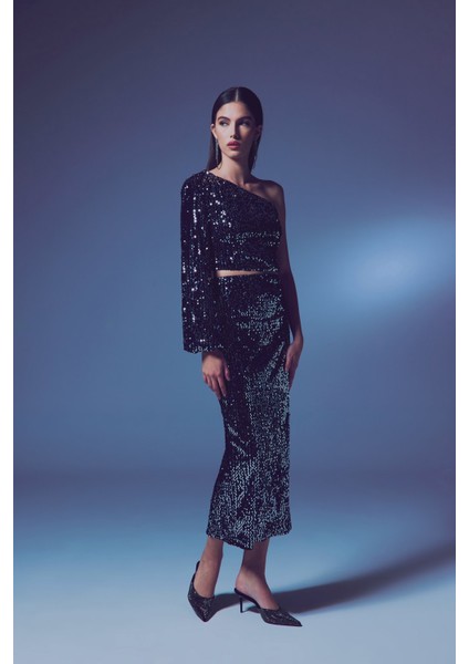 Kadife Payetli Midi Etek - Gümüş fiyatları