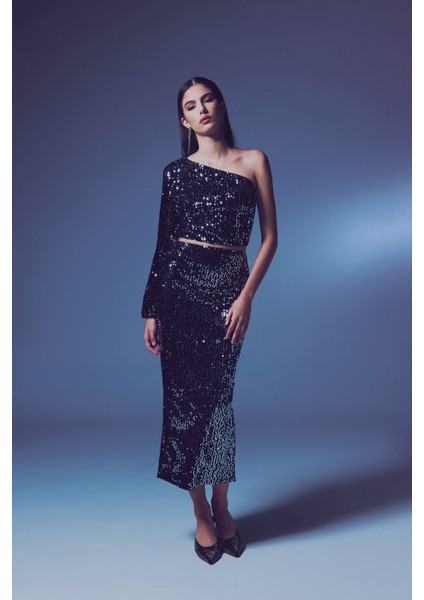 Kadife Payetli Midi Etek - Gümüş modelleri